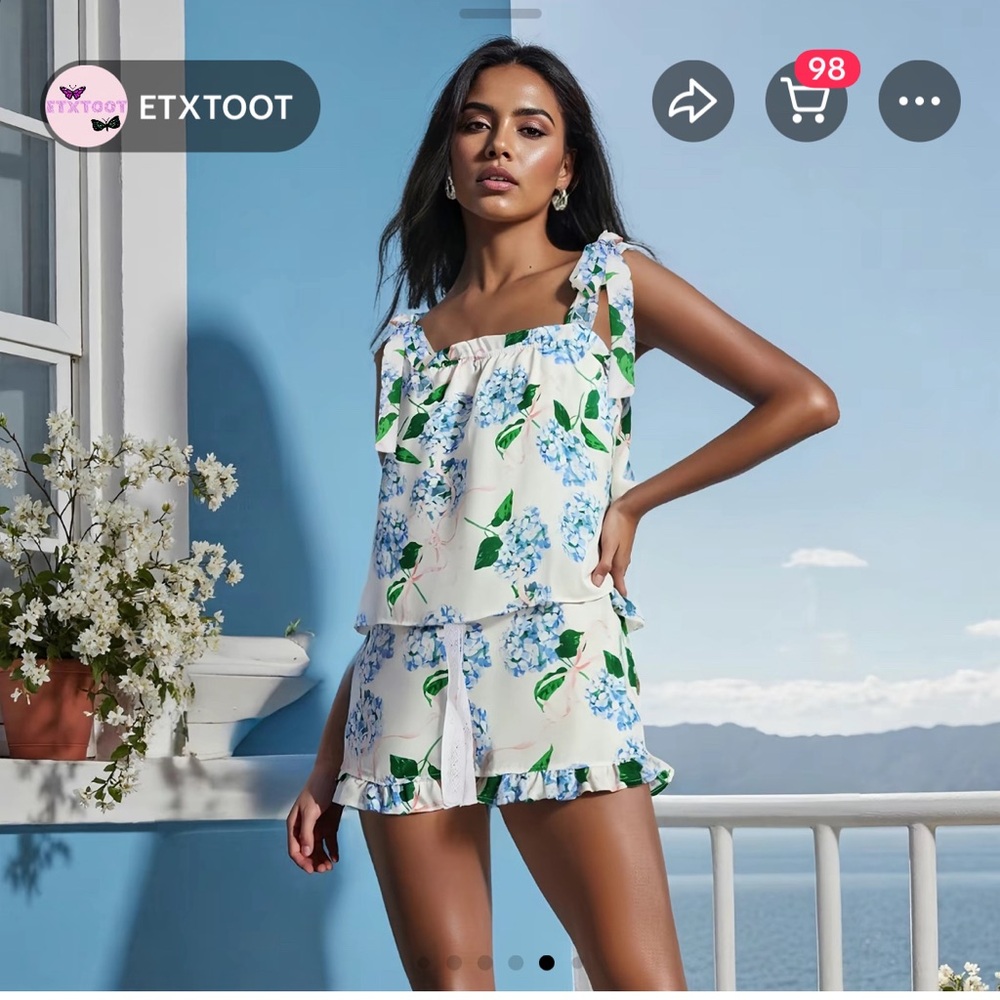 Floral Print Sleepwear Set - White and Blue - Picture 2 of 2